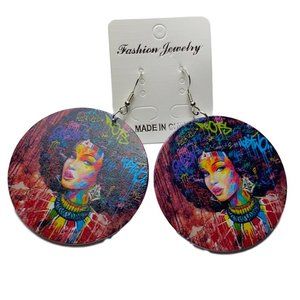 Wooden hand painted round drop earrings